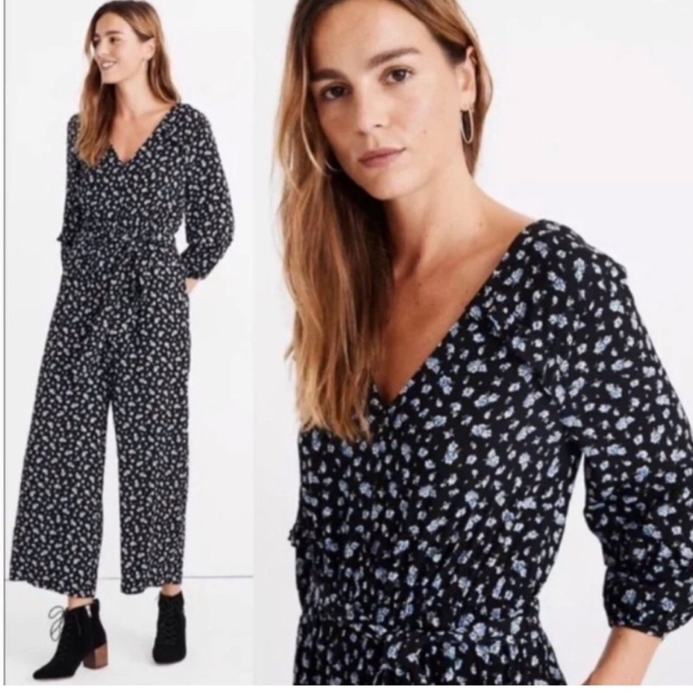 Madewell Black Ruffle-Sleeve Tie-Waist Floral Jumpsuit in Baby’s Breath XS - Picture 2 of 11